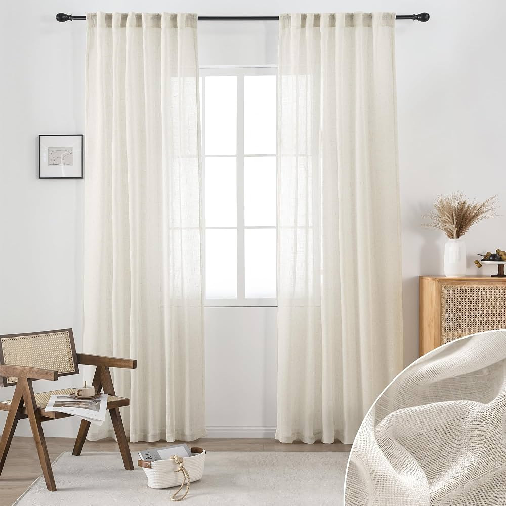 DUALIFE Cream Beige Natural Linen Semi Sheer Window Curtain 84 Inch Length Panels Drapes for Livi... | Amazon (US)