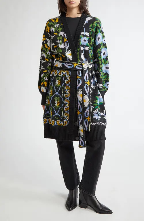 FARM Rio Tie Belt Cardigan in Winter Garden Black at Nordstrom, Size Medium | Nordstrom