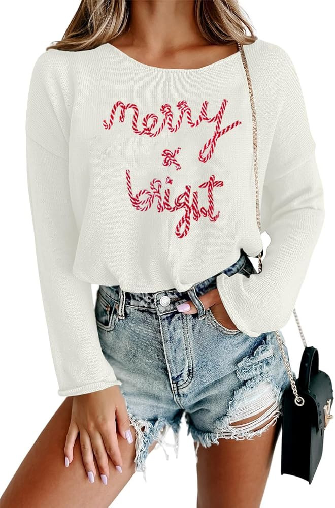 Women Merry Christmas Sweater Long Sleeve Xmas Knitted Top Funny Holiday Graphic Pullover Tops 20... | Amazon (US)