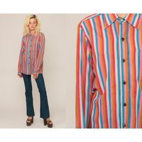 striped Blouse 70S Boho Shirt Disco Top Hippie Rainbow 1970S Vintage Bohemian Button Up Long Sleeve Medium Large | Etsy (US)