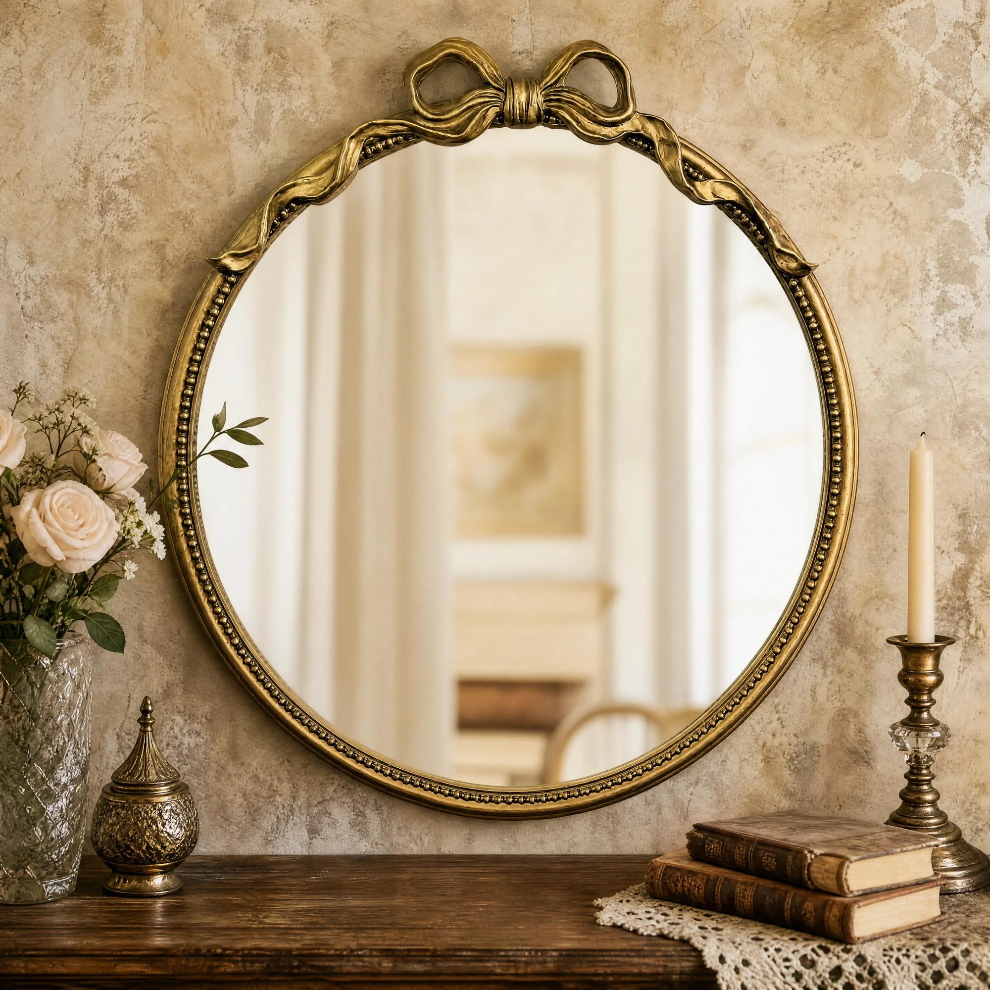 Antique Gold Round Wall Mirror with Bow Accent, Vintage Decorative Mirror for Bedroom | Wayfair North America