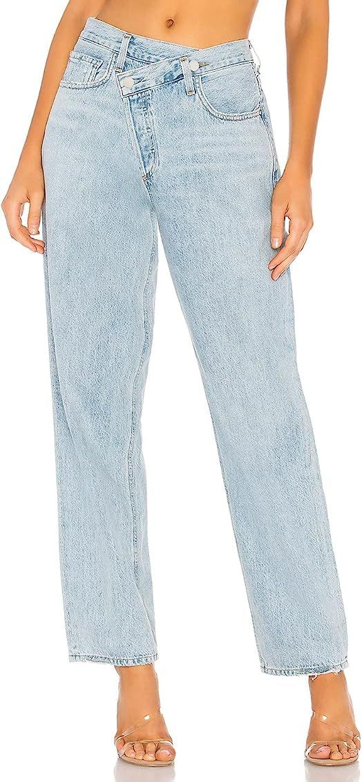 Women Tapered Jeans Crossover Pant Asymmetric Boyfriend Baggy Jean Little Waist Cross Over Mom Jeans | Amazon (US)