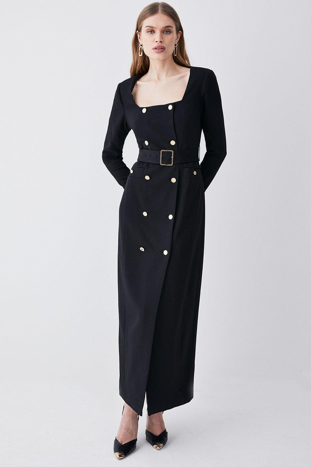 Compact Viscose Tux Sleeved Belted Maxi Dress | Karen Millen US