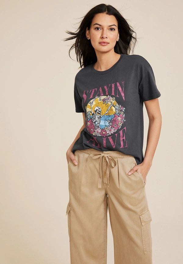 Stayin Alive Floral Skeleton Graphic Tee | Maurices