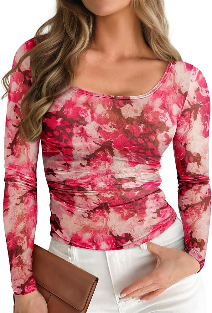 Pink Queen Mesh Long Sleeve Top for Women Sheer Floral Slim Fit See Through Shirt Lightweight Y2K... | Amazon (US)