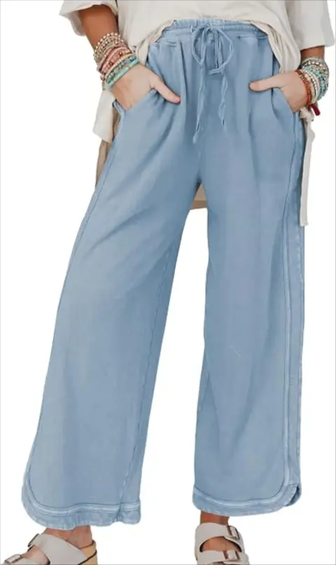 Hixiaohe Women's Casual Wide Leg Sweatpants High Waist Baggy Acid Wash Pants Drawstring Athletic ...