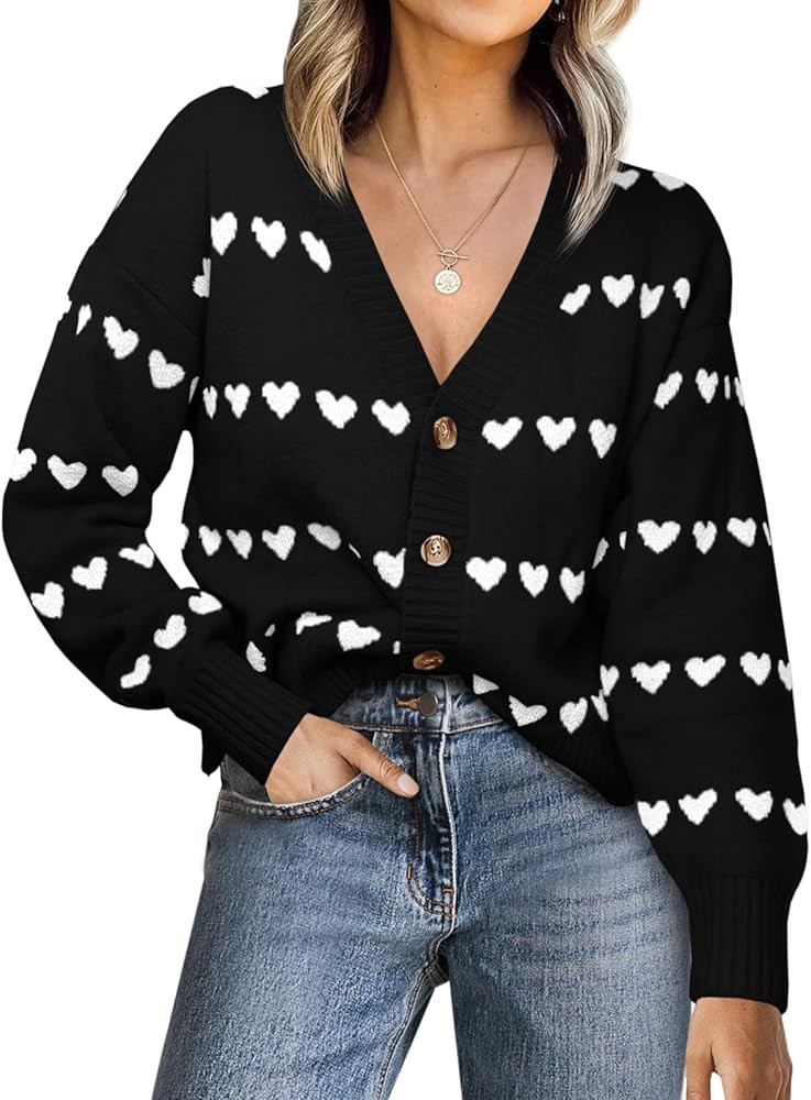 Saodimallsu Womens Heart Cardigan Sweaters Valentines V Neck Button Down Long Sleeve Knit Striped... | Amazon (US)