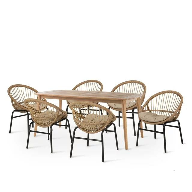 Baynes Wicker and Acacia Wood Outdoor 7 Piece Dining Set with Cushions, Light Brown, Beige, and T... | Walmart (US)