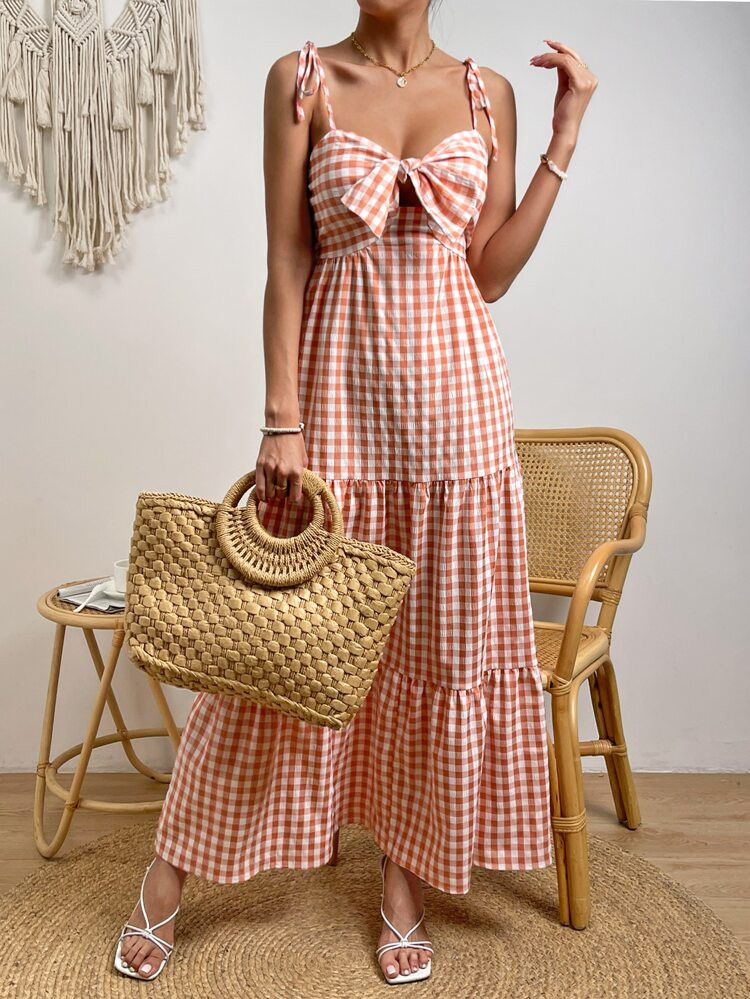 Gingham Print Knot Front Ruffle Hem Cami Dress | SHEIN
