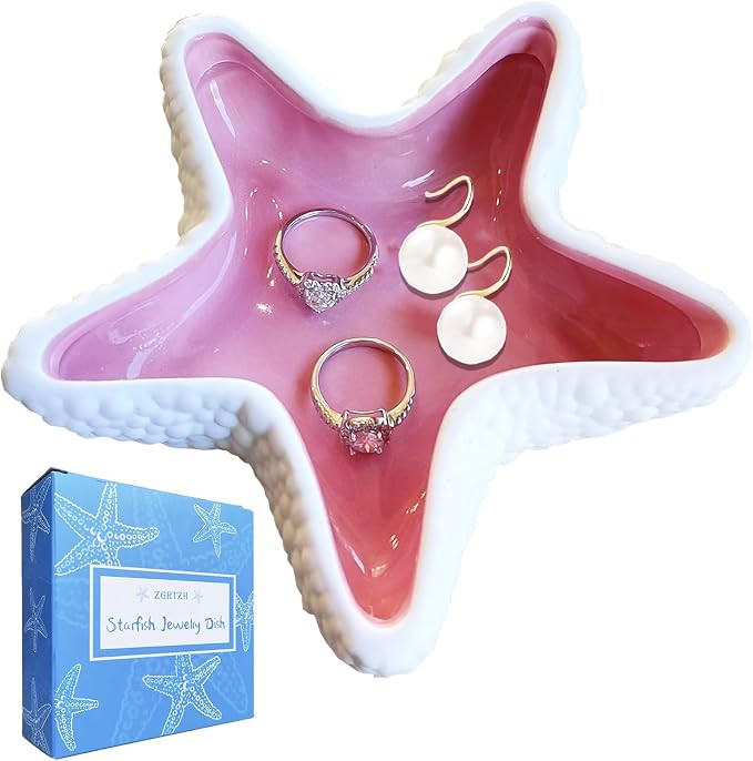 Ceramic Starfish Jewelry Dish Tray Pink Shell Jewelry Holder Ring Holder Trinket Dish Ocean Coast... | Amazon (US)