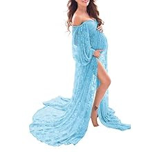 Saslax Soft Stretchy Lace Off Shoulder Doubly Split A-line Skirt Maternity Dress Pregnancy Maxi G... | Amazon (US)
