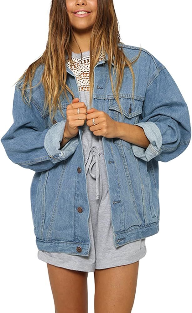 Women's Boyfriend Denim Jacket Long Sleeve Loose Jean Jacket Coats | Amazon (US)