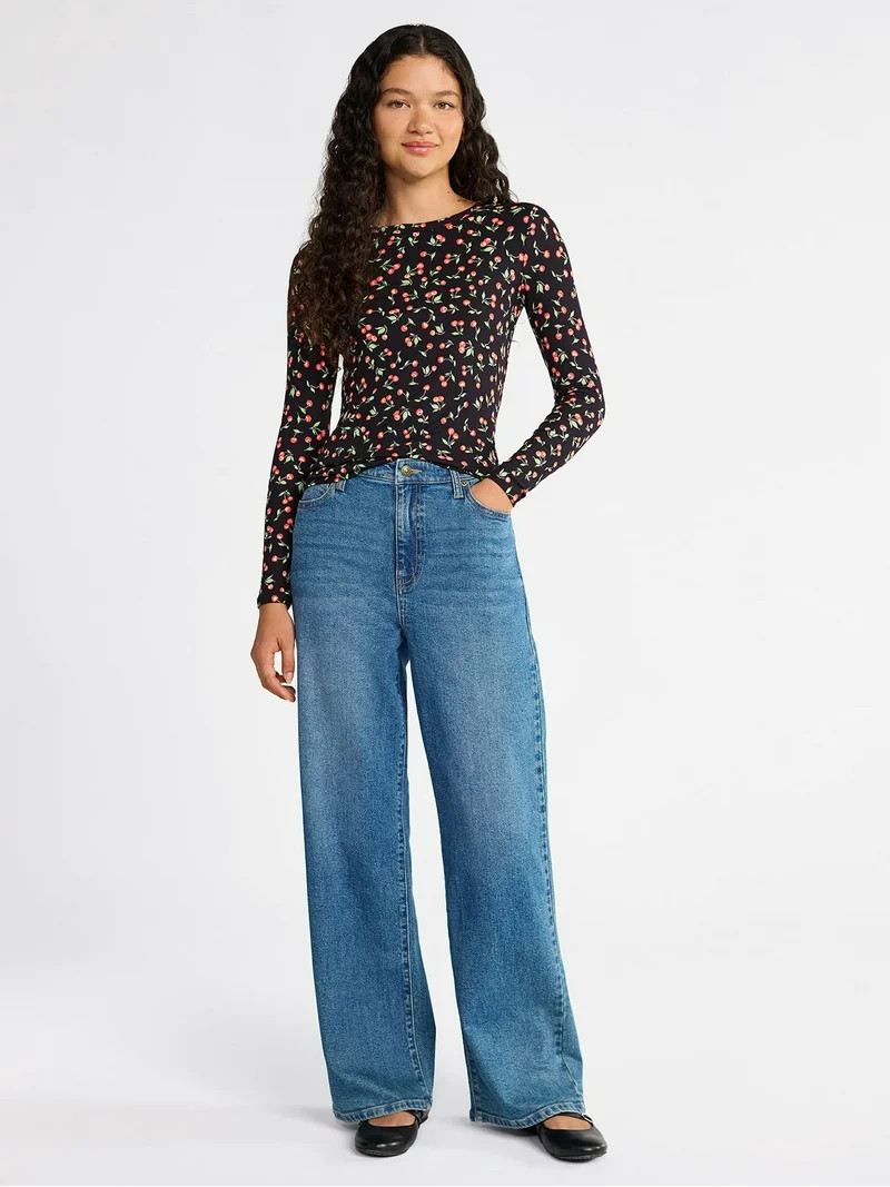 No Boundaries Ribbed Crewneck Tee with Long Sleeves, 1 or 2-Pack, Women's & Women's Plus | Walmart (US)