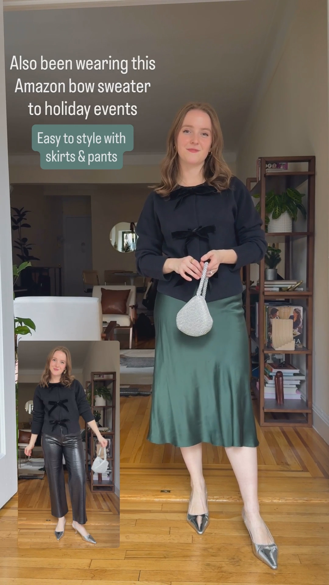 Amazon velvet bow sweater 
Small sweater 
Small washable silk skirt


#LTKSaleAlert