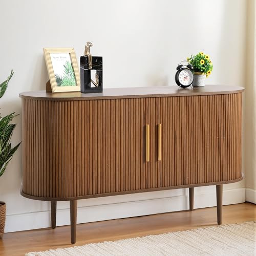 Grepatio 55" Sideboard Buffet Cabinet with Fluted Slide Doors, Tambour Storage Cabinet with Shelves, Modern Credenza Sideboard Buffet Console Cabinets for Living Room Hallway Entryway (Brown) | Amazon (US)