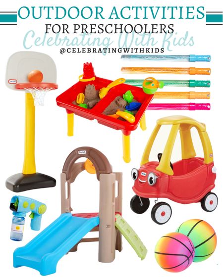Outdoor activities for preschool age kids include bubbles, basketball hoop, sand sensory table, little tikes cozy coupe, colorful basketballs, activity climber Playset, bubble gun

Outdoor toys, kids activities, outdoor activities, preschool toys, spring toys, summer toys

#LTKkids #LTKunder100 #LTKfamily