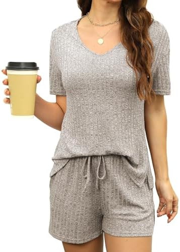 YOGINGO Womens Pajama Sets V Neck Ribbed Knit Lounge Sets Sleepwear Short Sleeve Matching Pjs Two... | Amazon (US)