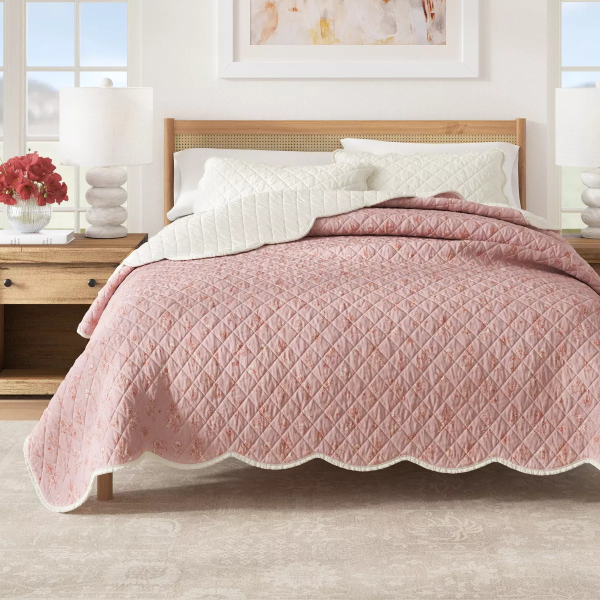 Reversible Printed Floral Scalloped Cotton Quilt and Sham Set - Great Bay Home | Target