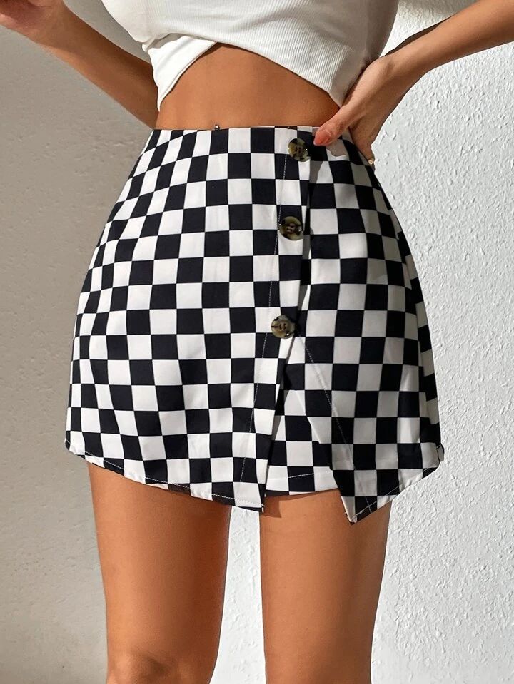 Checkerboard Print Asymmetrical Hem Skort | SHEIN