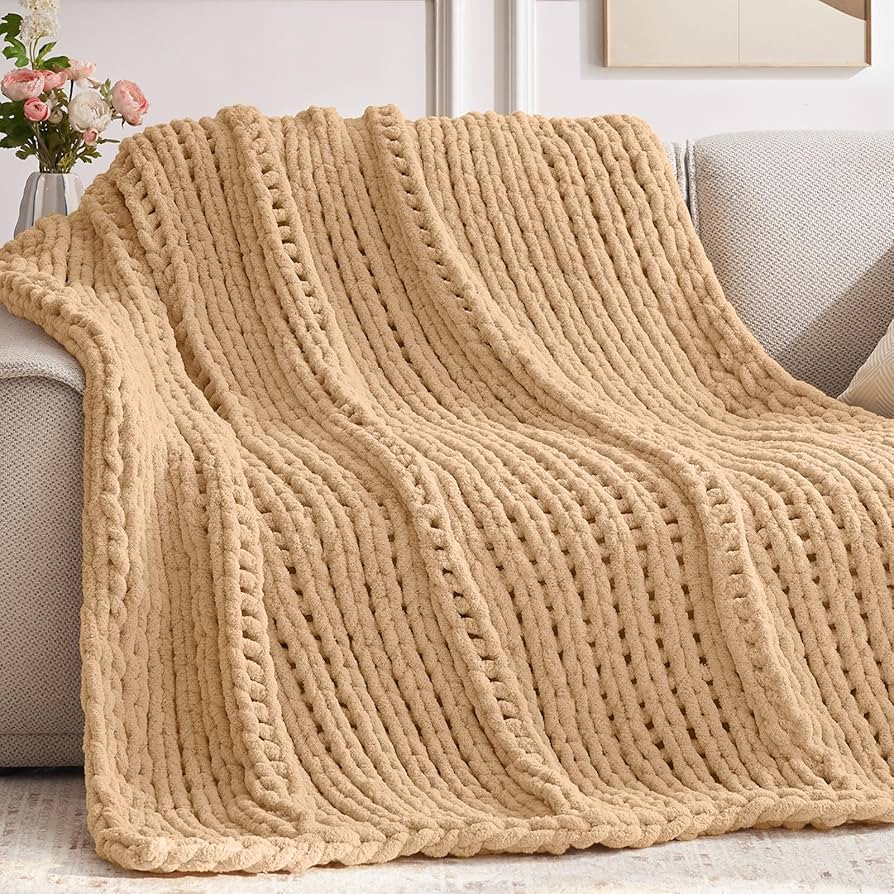 Chunky Knit Throw Blanket, 50''*60'' Knitted Throw Chenille Yarn for Bed Couch, Handmade Beige Cr... | Amazon (US)