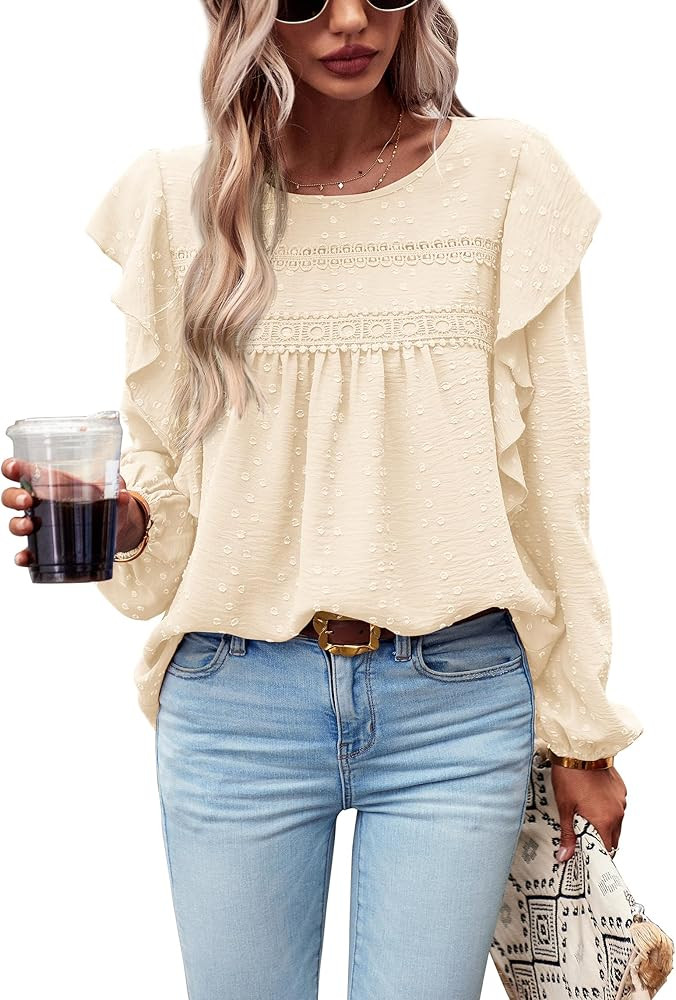 PRETTYGARDEN Women's Long Sleeve Blouses Ruffle Swiss Dot Crochet Loose Fit 2024 Fall Tunic Dress... | Amazon (US)