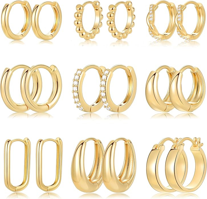 9 Pairs Small Gold/Silver Hoop Huggie Earrings Set for Women, 14K Gold Plated Chunky Hoop Small E... | Amazon (US)
