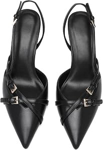 Heeled Slingback Kitten Heels for Women Closed Pointed Toe Pumps with Buckles | Amazon (US)