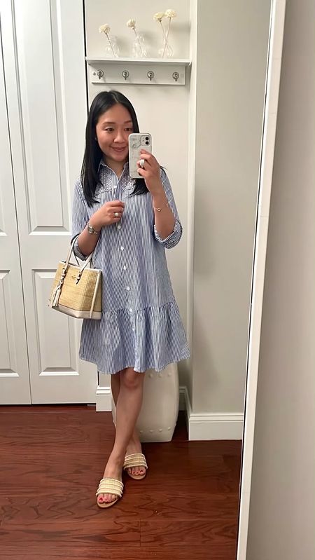 LOFT shirtdress in size XXS regular. I would prefer the petite size for a slightly shorter length.m and better proportions.

Pearl Raffia Slide Sandals - size 8 fits like my usual size 7. Use code SHIPSFREE today for free shipping on orders over $25+ at J.Crew Factory.

#LTKOver40 #LTKFindsUnder100