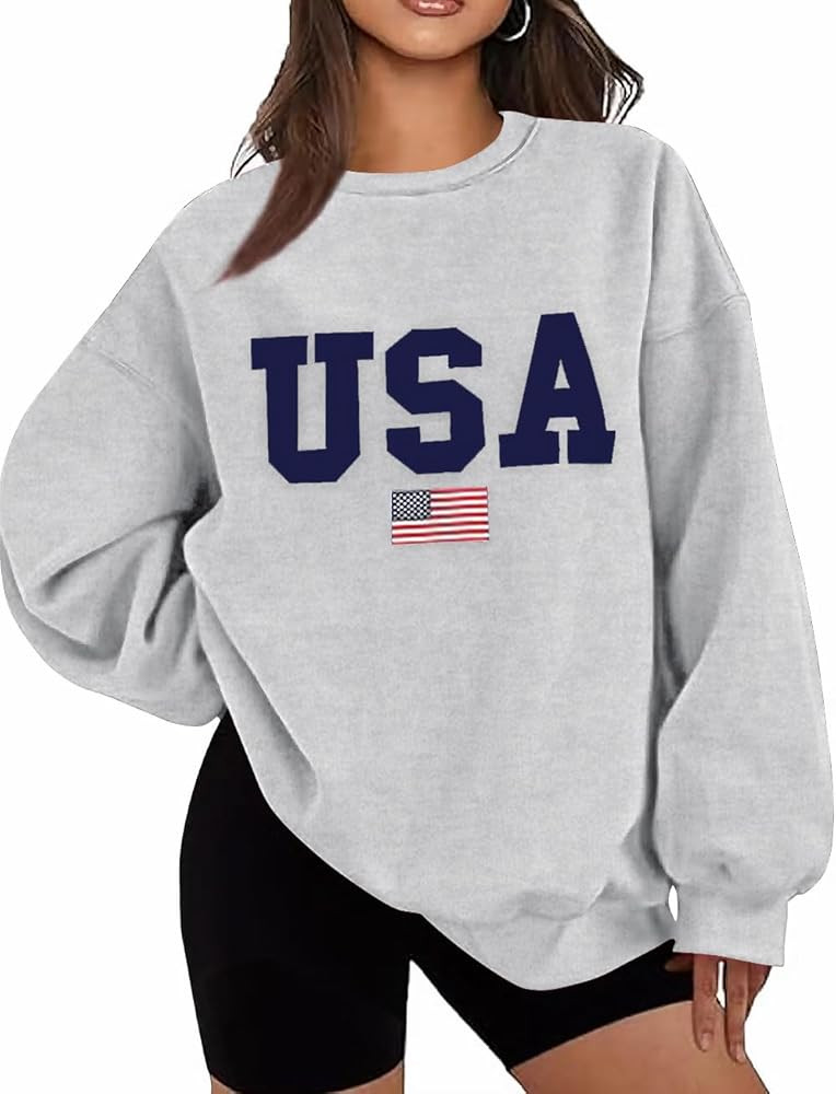 Lacozy Womens USA Graphic Sweatshirts American flag Crewneck Long Sleeve Sweater Loose Fleece Top... | Amazon (US)