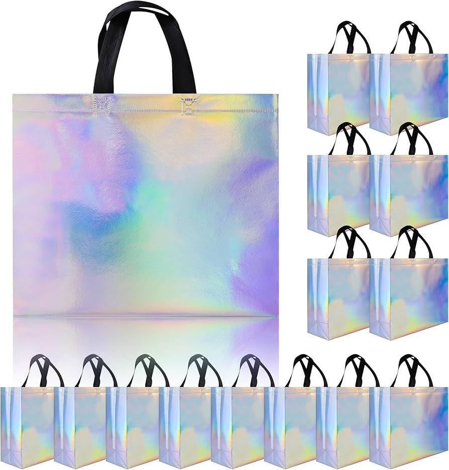 cabzymx Iridescent Glossy Gift Bags 15 pcs, 12.6x4.7x11 In Non-woven Reusable Goodie Bags Bulk, w... | Amazon (US)