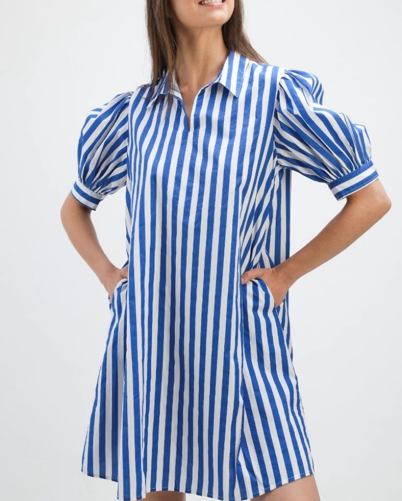 Royal Stripe Puff Sleeve Shirt Dress | navyBLEU LLC