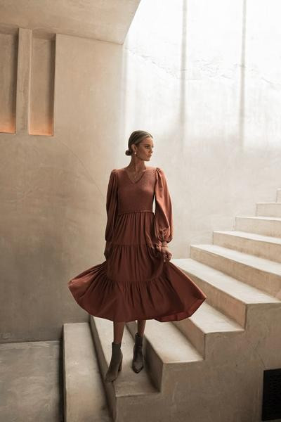 PREORDER - Smocked Tiered Midi Dress in Rust | Böhme US