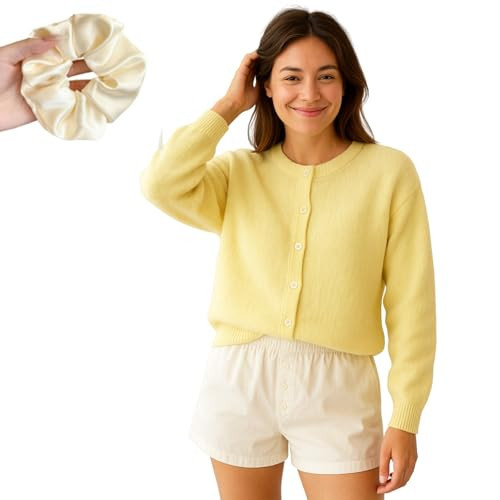 Butter Yellow Cardigan, y2k Summer Solid Long Sleeve Cropped Knit Jacket, Button Up Cardigan Sweater Outwear for Women (US, Alpha, Small, Regular, Regular, Yellow) | Amazon (US)