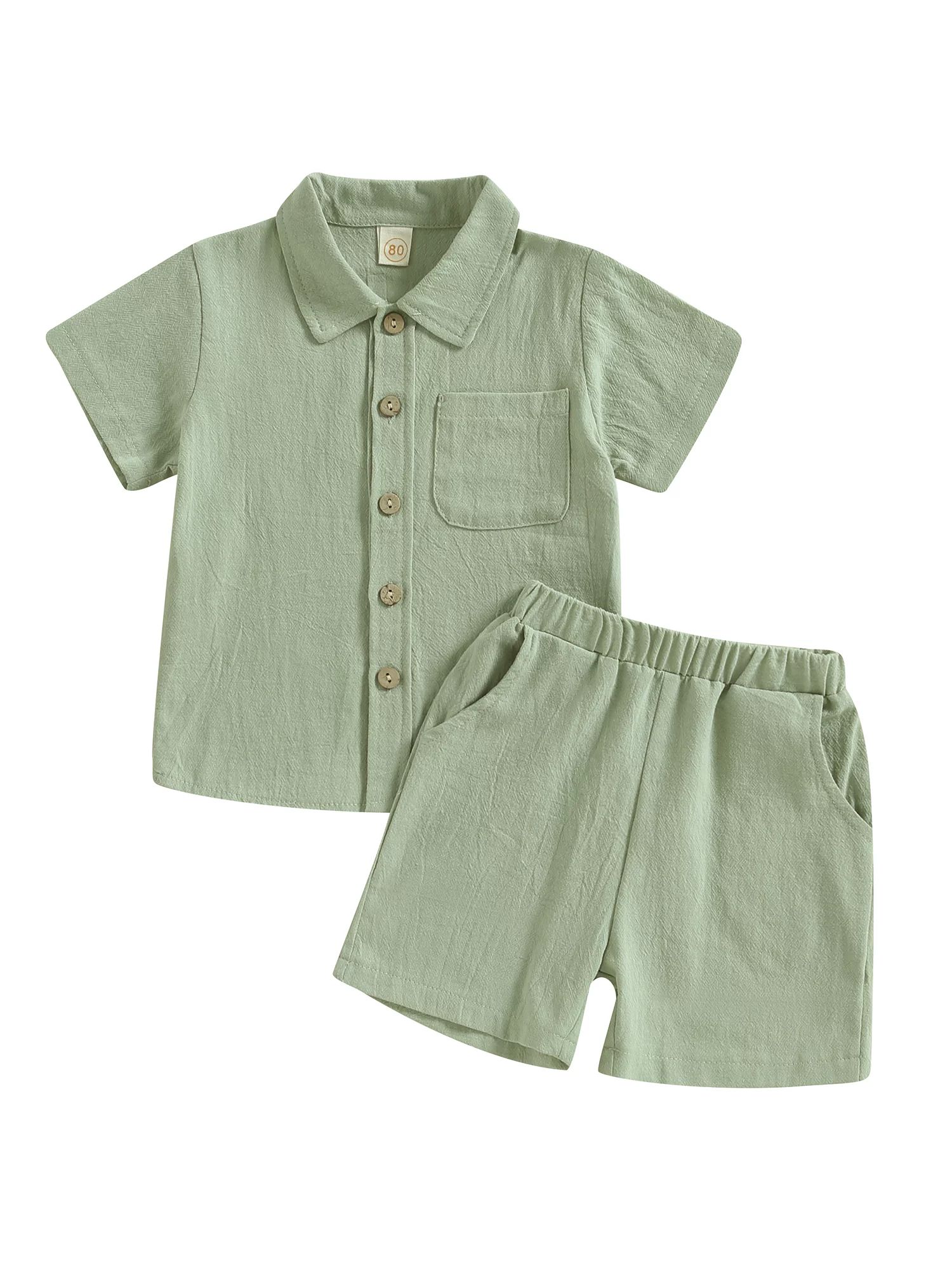 Toddler Boys Cotton Linen Shorts Outfits Button Up Short Sleeve Shirts Solid Color Baby Boy Summe... | Walmart (US)