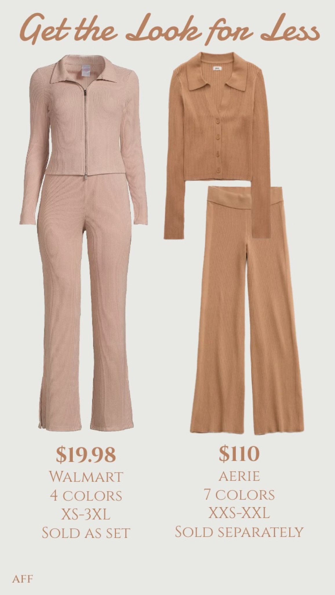 Get the look for less! This aerie ribbed set is so cute…I love the buttons and collar. The wide leg pants are $60 and the sweater is $50 (on sale for $35 right now!) The Walmart option is under $20 for the set and comes in 4 cute colors. Juniors sizing, so size up! 
................
matching set, ribbed matching set, walmart finds, walmart new arrivals, aerie matching set, aerie wide leg pants, aerie skater pants, aerie cropped sweater, cardigan, cropped cardigan, cropped swearer, travel day outfit, travel look, travel outfit, travel day look, free people dupe, fall trends, fall looks, fall outfits, aerie dupe, free people dupe, alo dupe, lululemon dupe, matching set under $20, ribbed pants, wide leg pants, ribbed skater pants, matching sweater set 

#LTKGiftGuide #LTKfindsunder50 #LTKSale