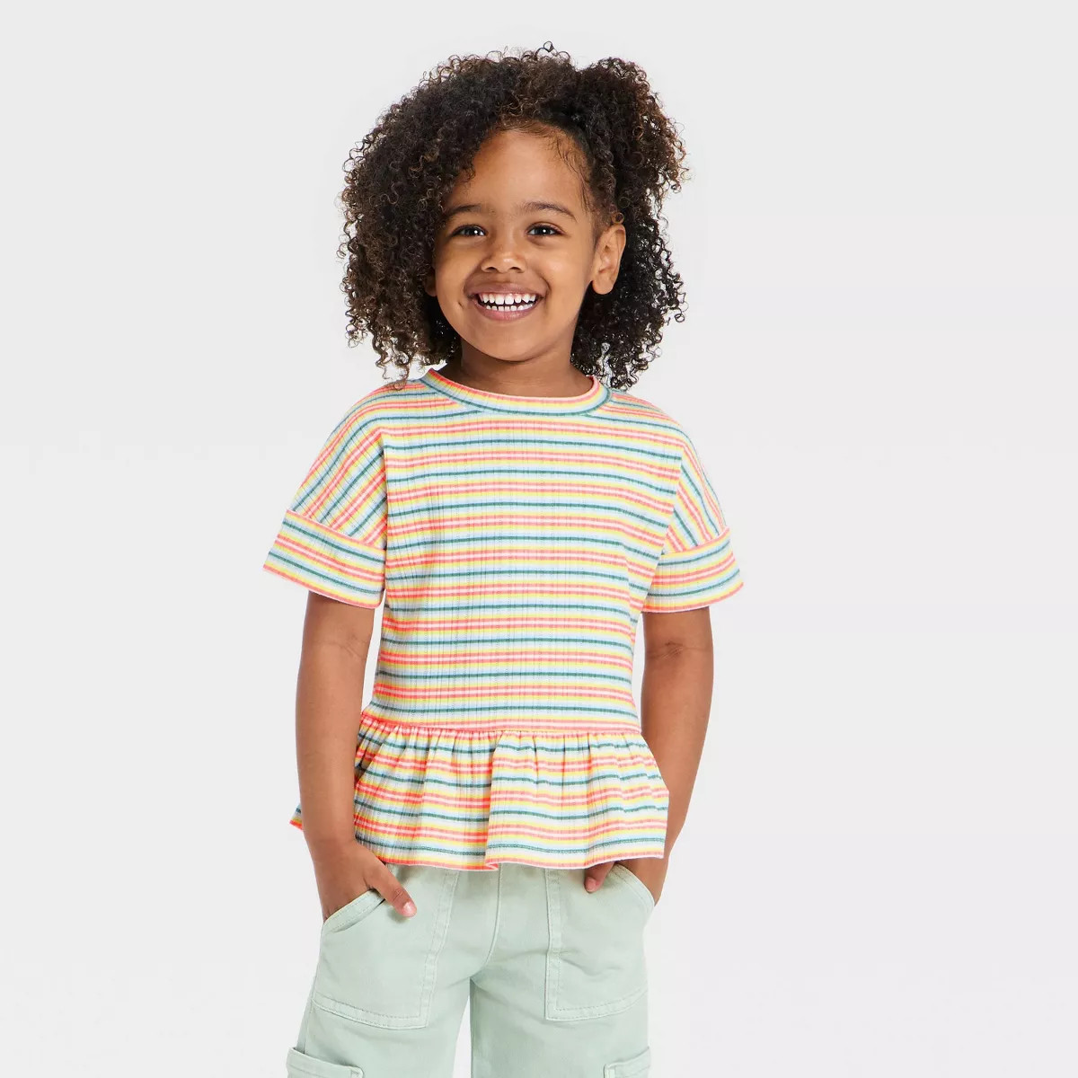 Toddler Girls' Multi Striped Ruffle Ribbed T-Shirt - Cat & Jack™ 5T | Target