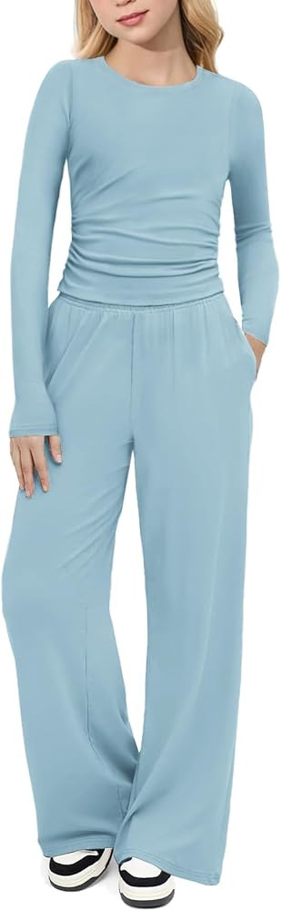 Arshiner Girls 2 Piece Set Fall Outfits Lounge Sets Ruched Long Sleeve Top Wide Leg Pants Sweatsu... | Amazon (US)