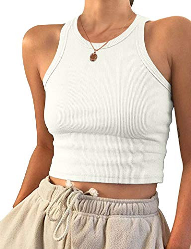 AUSELILY White Cropped Tank Top Womens Basic Crew Neck Crop Tank Top Ribbed Large | Amazon (US)
