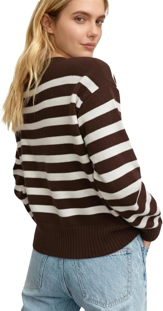 Women's Cardigan Sweaters Striped V Neck Open Front Sweaters Casual Long Sleeve Button Tops Ribbe... | Amazon (US)