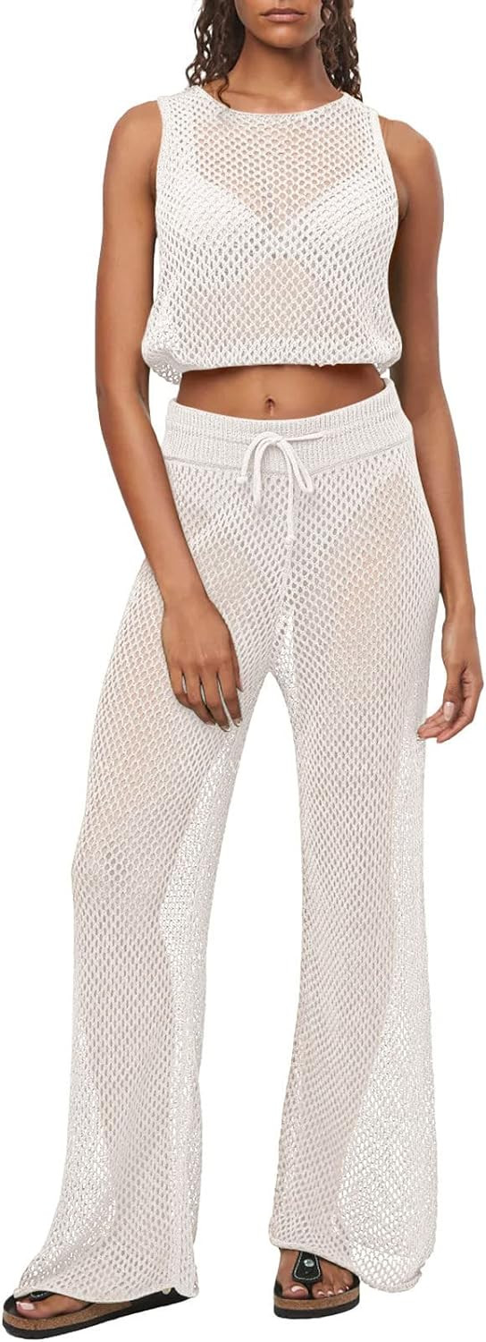 Pink Queen Women's Swimsuit Cover Up Set 2 Pieces Crochet Sleeveless Crop Top Wide Leg Long Pants... | Amazon (US)