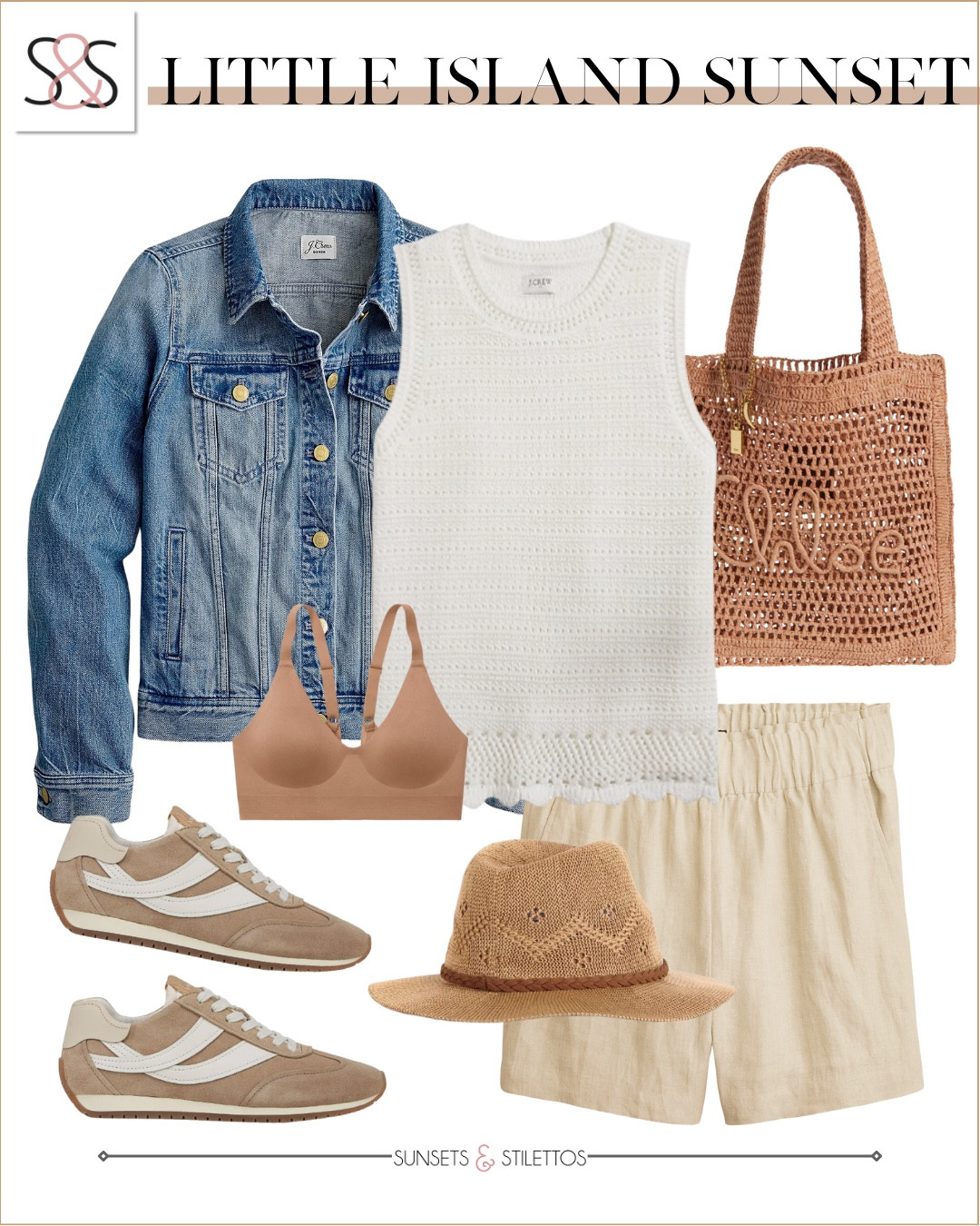 Crochet layers and neutral tones set the scene for a dreamy walk along Little Island at sunset. Breezy linen shorts and soft sneakers keep you comfortable while taking in the views

Sunsets and Stilettos  outfit crochet tank linen shorts denim jacket neutral sneakers beachy spring look woven bag Chloé tote spring in NYC outfit ideas coastal casual outfit

#LTKStyleTip #LTKSeasonal #LTKOver40