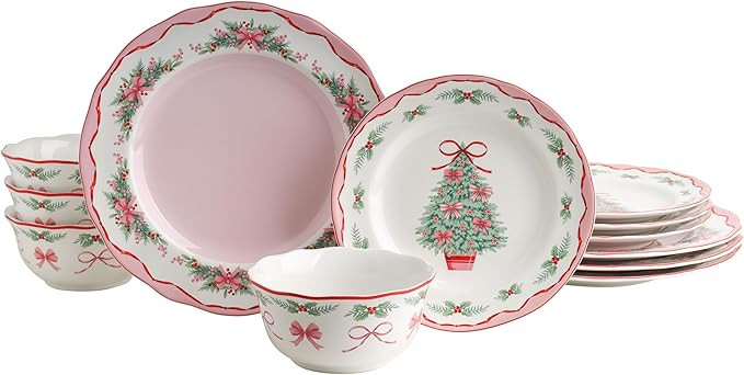 222 Fifth Pinkmas 12-Piece Porcelain Dinnerware Set for 4- Charming Pink & White Plates and Bowls... | Amazon (US)