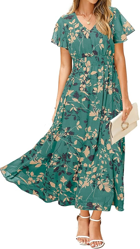 Simplee Womens Floral Maxi Dress Short Sleeve Summer Boho Wedding Guest Dress Empire Waist Chiffo... | Amazon (US)