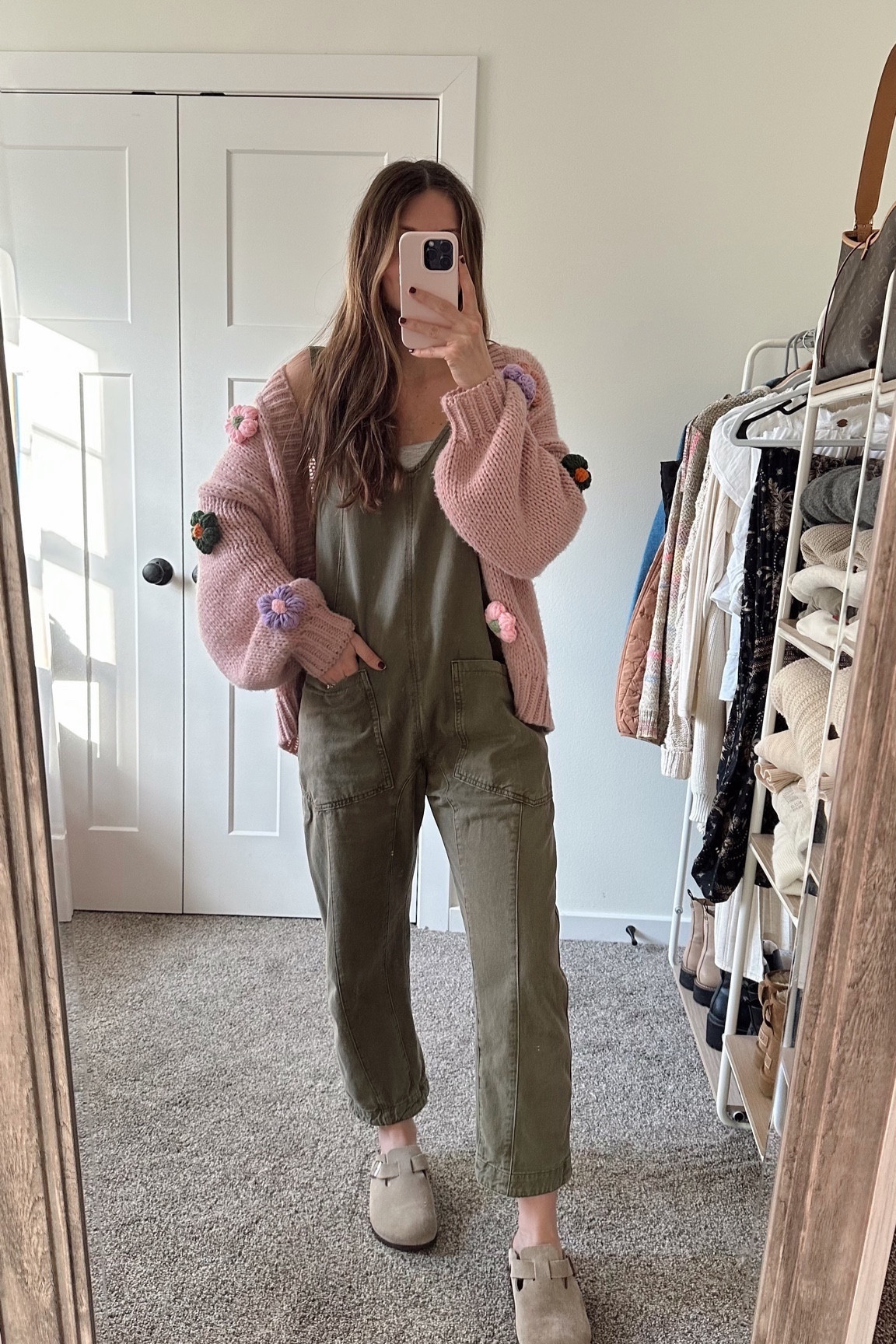 wearing an xs in jumpsuit, love these they’re so comfortable! I’m 5’5 for reference on the length 
cardigan is so fun & comfy, one size, also linked a look for less 
Birkenstock Bostons back in stock

Postpartum
Nursing friendly 
Fall outfit 

#LTKSeasonal #LTKHoliday