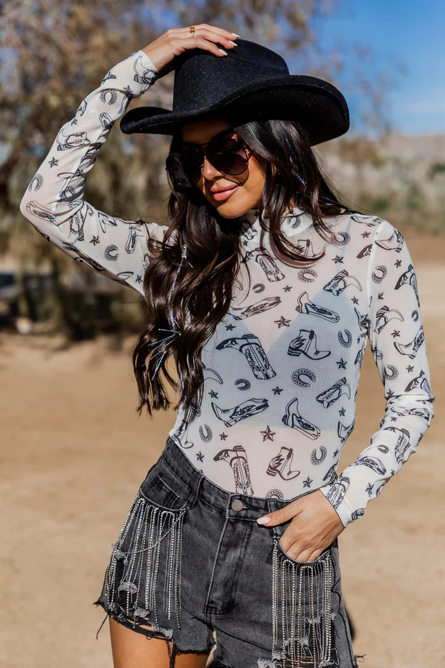 Wild At Heart Ivory Cowboy Boot Mesh Bodysuit | Pink Lily