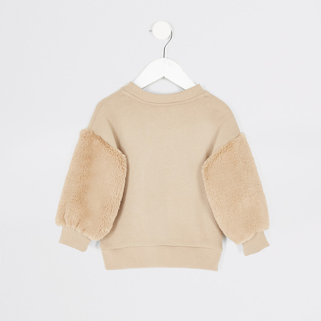 Mini girls beige faux fur sleeve sweatshirt | River Island (UK & IE)