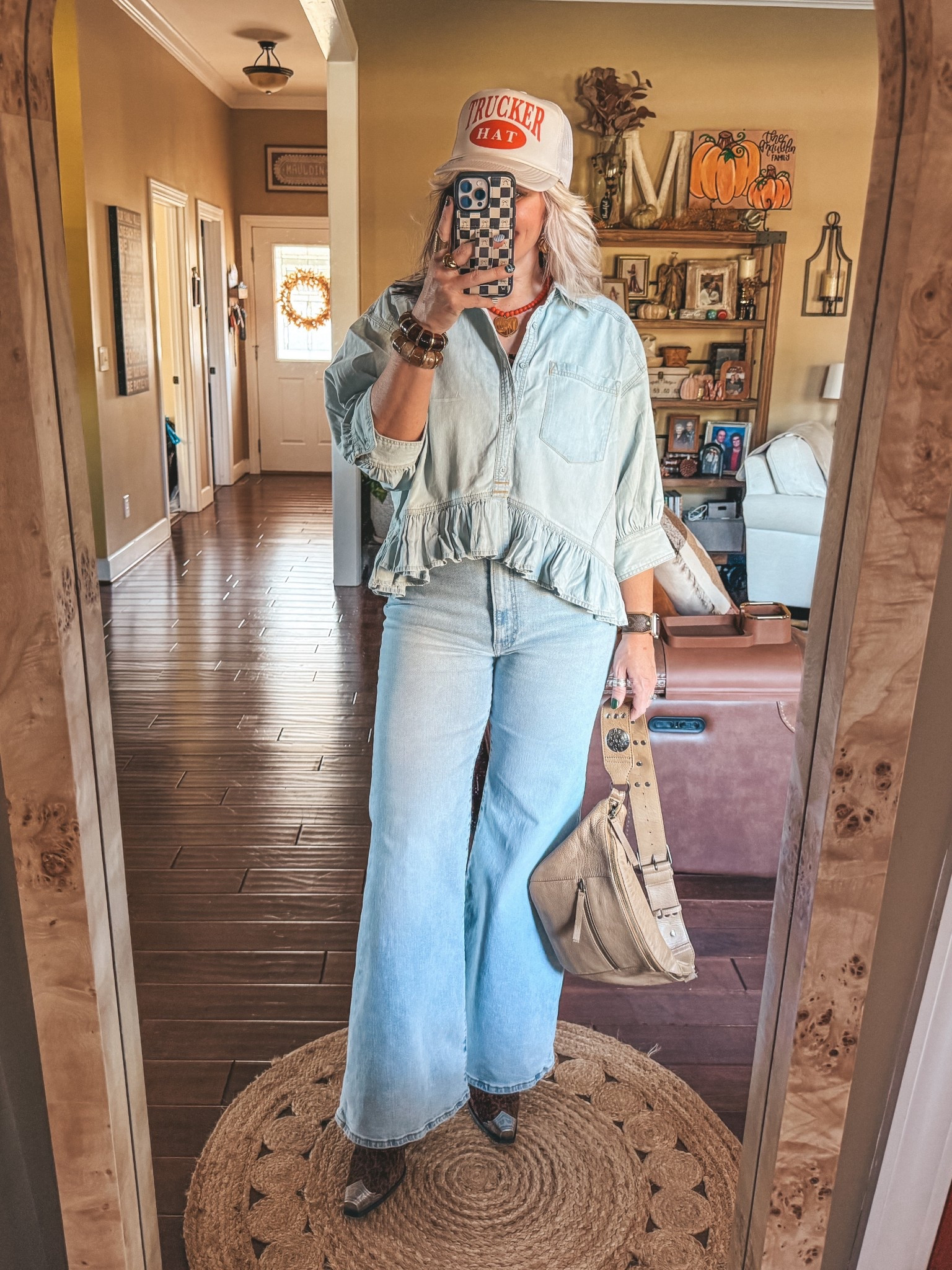 Denim in denim with a pop of red & leopard! 
Denim top - small
Jeans - sized up one 
Boots - true to size
✨Jewelry is @shopbeljoy save with code MANDIE 

#LTKOver40 #LTKFindsUnder100 #LTKStyleTip