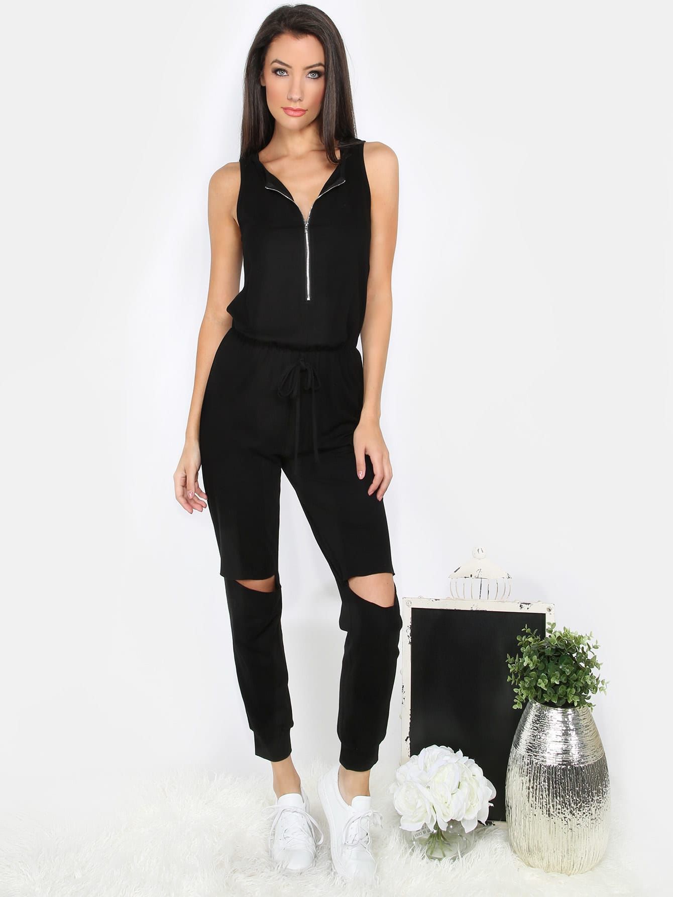 Black Sleeveless Zipper Cutout Jumpsuit | Romwe