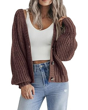 Zeagoo Women's 2023 Fall Chunky Knit Cardigans Open Front Long Sleeve V Neck Button Loose Cardiga... | Amazon (US)