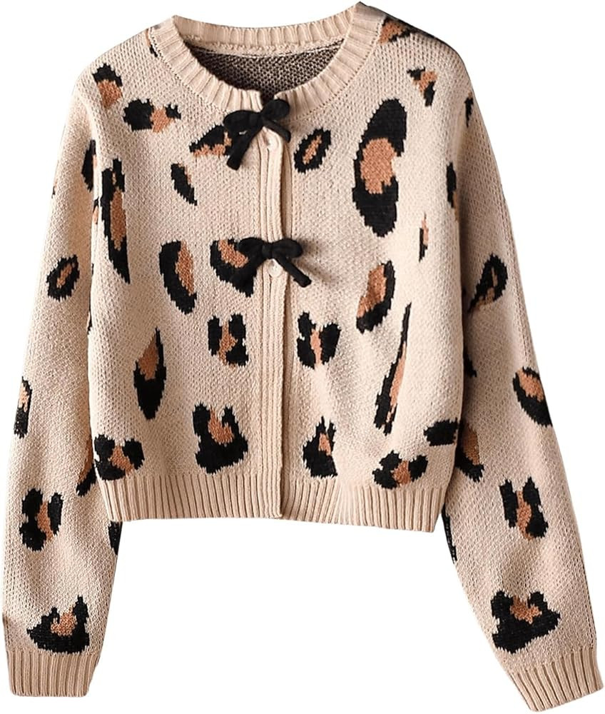 WDIRARA Girl's Leopard Print Sweater Cardigan Cute Bow Long Sleeve Crewneck Button Knit Cardigans | Amazon (US)